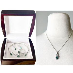 BR Sun Jewelry Set-Simu. Emerald/CZ Silver Tone: Necklace/Ring/Earrings/Bracelet
